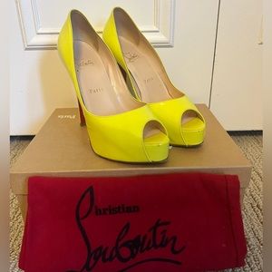 Christian Louboutin Yellow Patent Leather Lady Peep Platform Pumps Size 37.5.